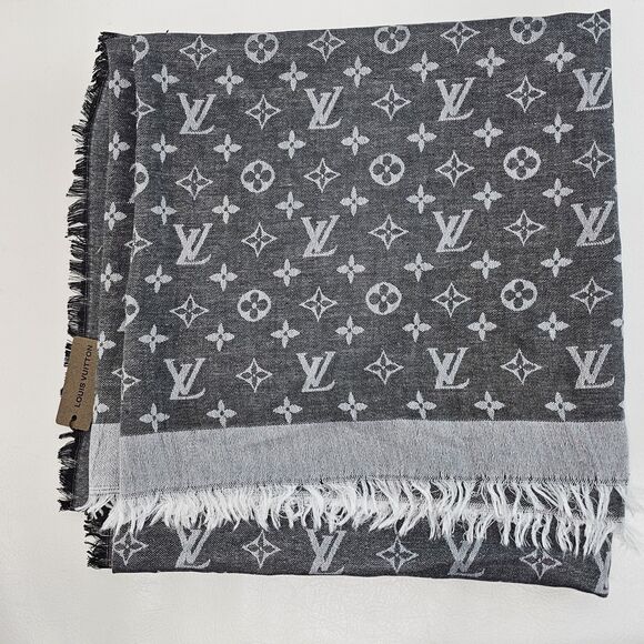 Louis Vuitton Silk/Wool Monogram Scarf Shawl Stole Black/Gray Made in Italy - Picture 6 of 16